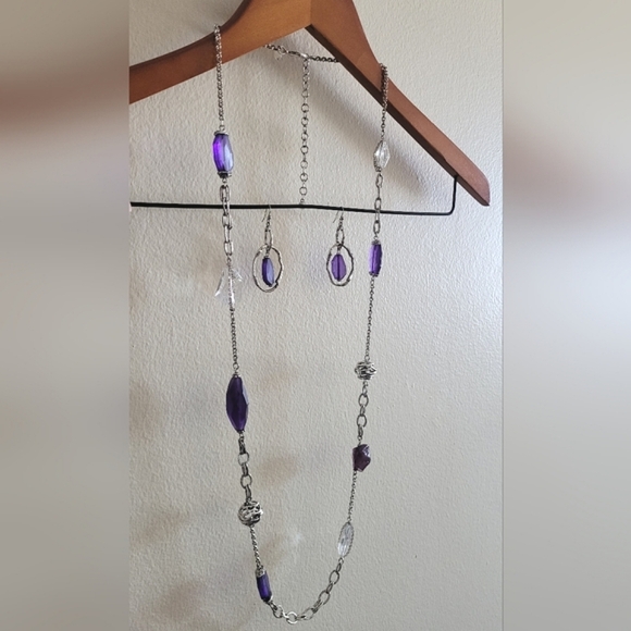 Chico's Jewelry - Chico's purple and clear caged beaded silver toned necklace & earring set